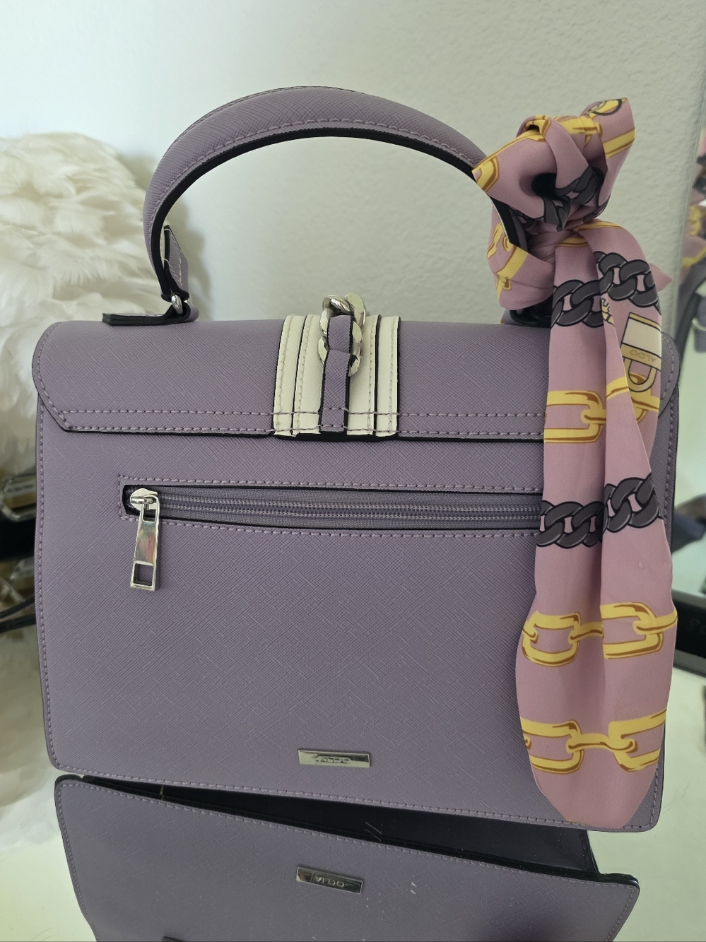 Aldo Lavender and White Top-Handle Satchel with Scarf Accent - Picture 2 of 2